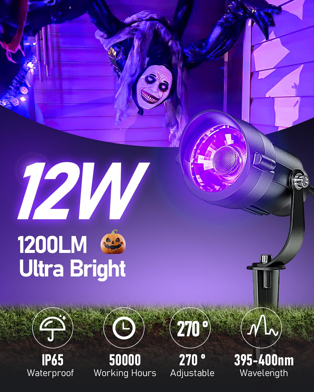 HIBOITEC Halloween Black Light Spotlight Outdoor 12W IP65 Waterproof LED Spot Lights Landscape Lighting with US Plug for Glow Party Body Paint Yard