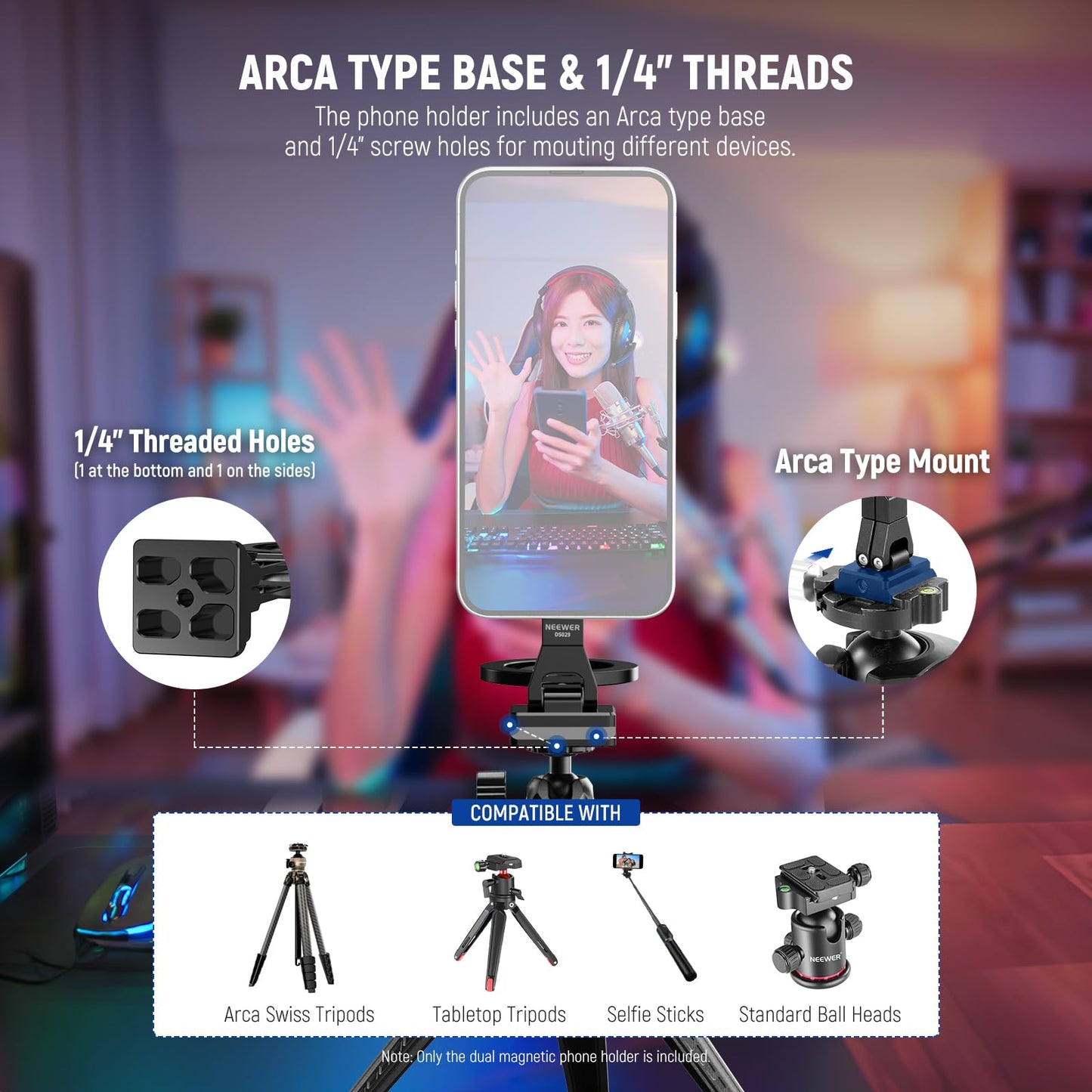 NEEWER Dual Magnetic Phone Holder Stand Tripod Mount with Arca Type Base, Metal Lightweight Portable Camera Cellphone Attachment Compatible