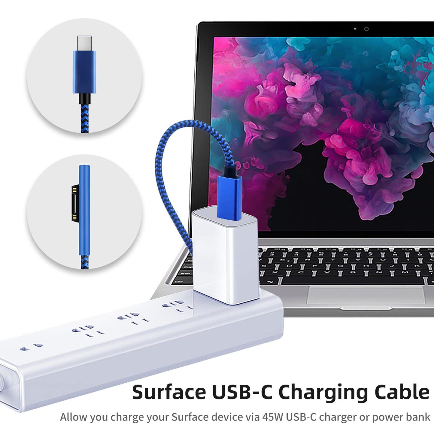 Sisyphy Nylon Braided Surface Connect to USB-C Charging Cable (6ft Blue), Requires 45W 15V/3A USB-C Charger PD Power Supply, Compatible with Microsoft