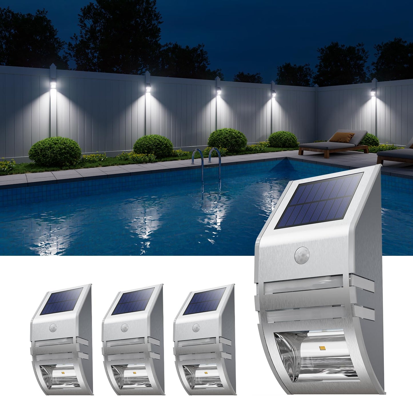4 Pack Solar Wall Lights, Stainless Steels Outdoor Waterproof Motion Sensor Modern Metal Lamps for Fence, Deck, Post, Stair, Front Porch, Dock, Patio