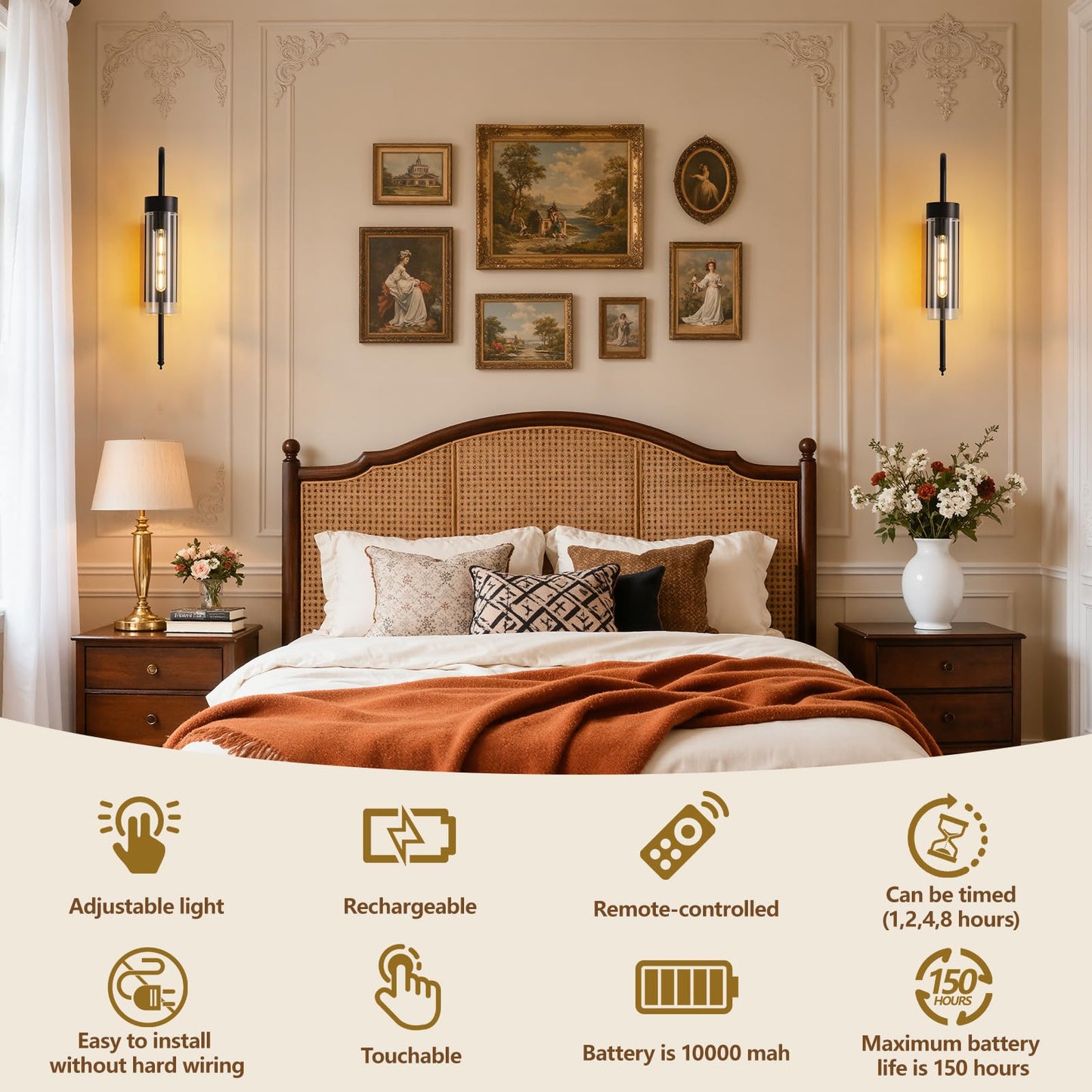 Battery Operated Wall Sconces Set of 2, 19" Dimmable Timer Remote Black Rechargeable Wireless Modern Wall Lights with Clear Glass, Wall Decor Fixtures