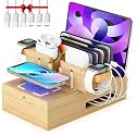 Darfoo Bamboo Phone Charging Station for Multiple Devices - Qi Certified Fast Wireless Charger & 7 USB Ports for All Phones, Tablets, Smart Watches
