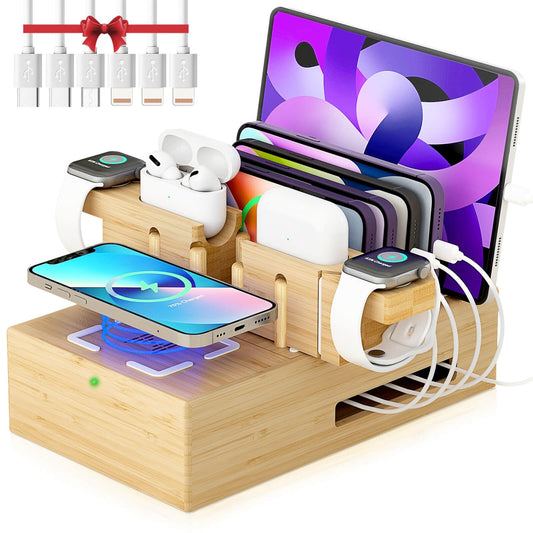 Darfoo Bamboo Phone Charging Station for Multiple Devices - Qi Certified Fast Wireless Charger & 7 USB Ports for All Phones, Tablets, Smart Watches