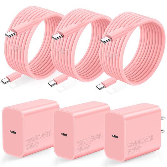 Compatible with iPhone 17 16 15 Charger,3 Pack 20W USB C Fast Wall Charger with 60W 10ft USB C to C Cables,10ft Type C Charging Cord Compatible