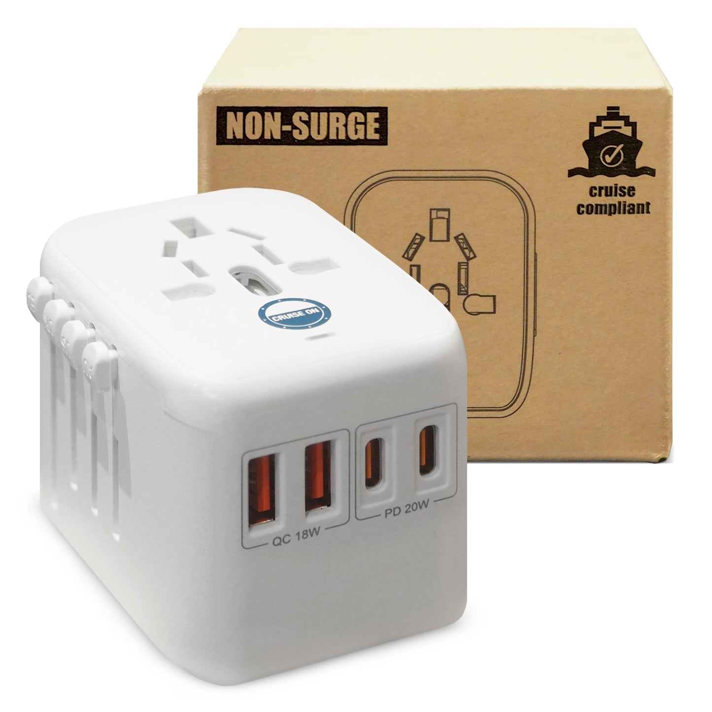 Cruise On Universal Travel Adapter, Cruise Approved (incl Royal Caribbean, Disney, MSC) - International Power Adapter [2 USB-C, 2 USB, AC] World…