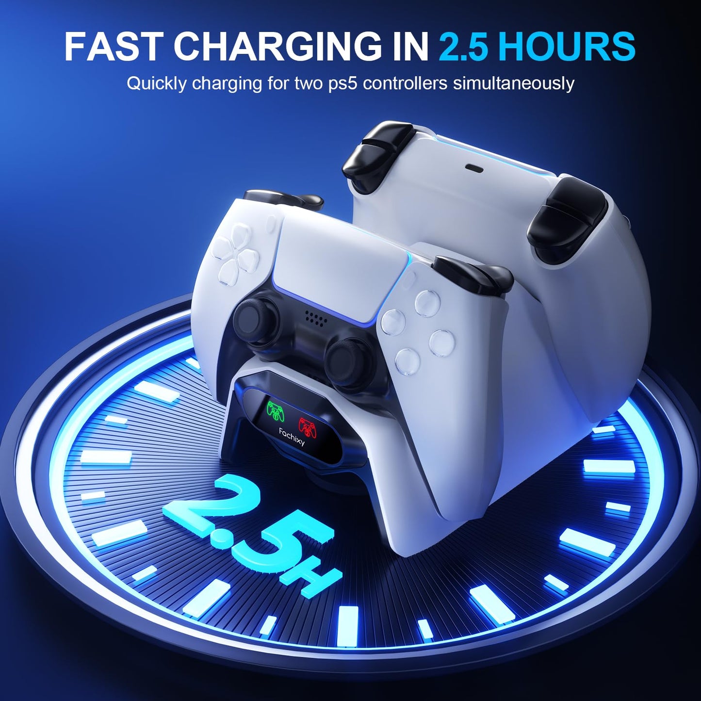 Fachixy PS5 Controller Charger, with 2-Hour Fast Charging chip, PS5 Charging Station with US Power Adapter and Cable, White