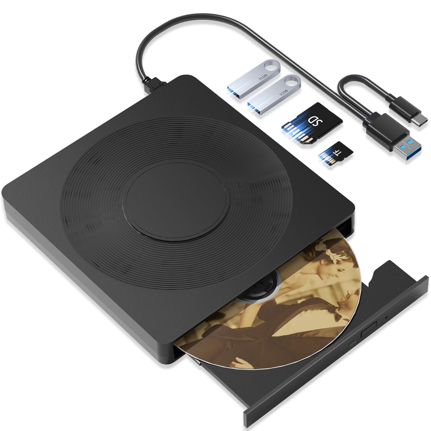 5 in 1 External DVD Player For Laptop with LightScribe DVD Burner CD Rom External CD/DVD Drive For PC Usb 3.0 External DVD Drive, DVD Reader Disc