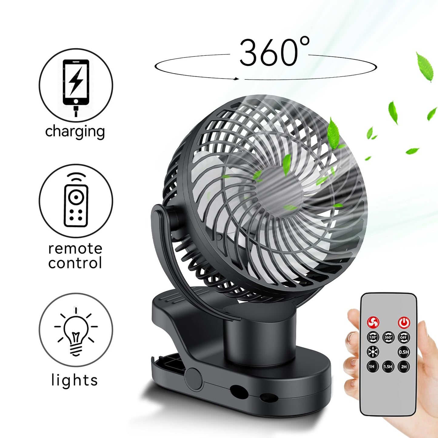 Leeyalan 10000mAh Clip on Fan Rechargeable,2024 Updated,Hangable Fan with Lights and Remote, Desk Fan USB Plug in with Sturdy Clamp,3 Speeds,Mute