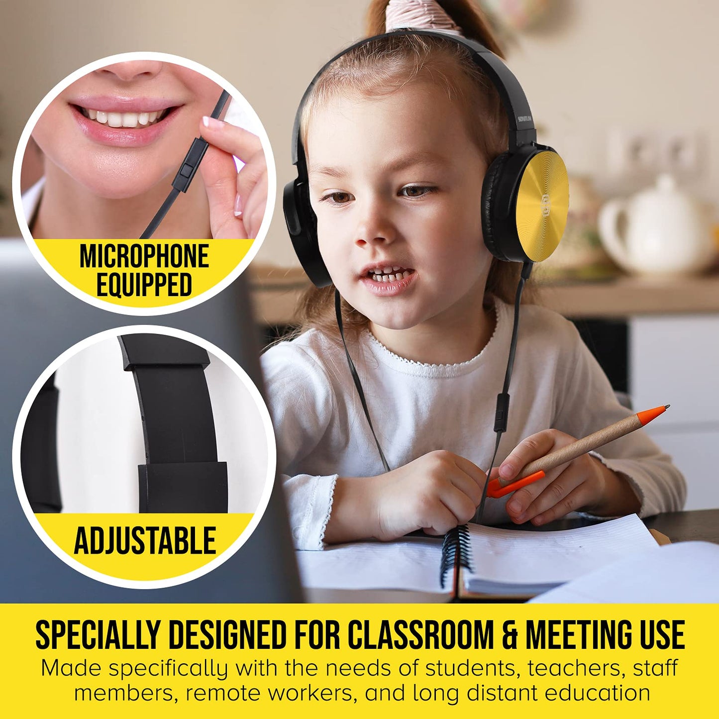 Premium Classroom Headphone with Microphone (5 Pack) - Kids Wired Earphones with Mic for School Students K-12 & Teachers, Soft Swivel On Ear Pads…