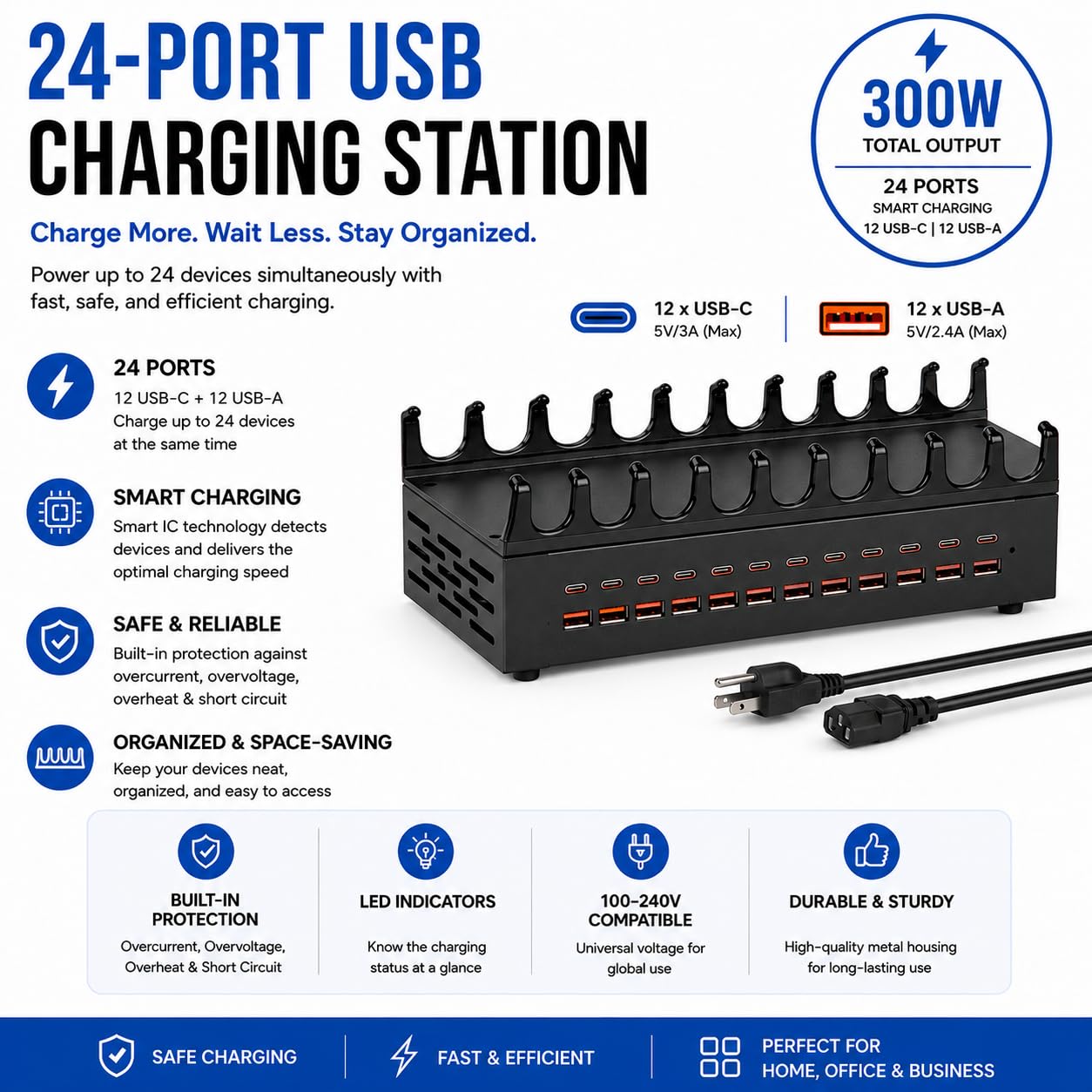 USB Charging Station 300W 24 Ports, Smart Power Distribution and Safety Protection PD/QC Charging Technology Multi Port Fast Charger with 12 USB-C