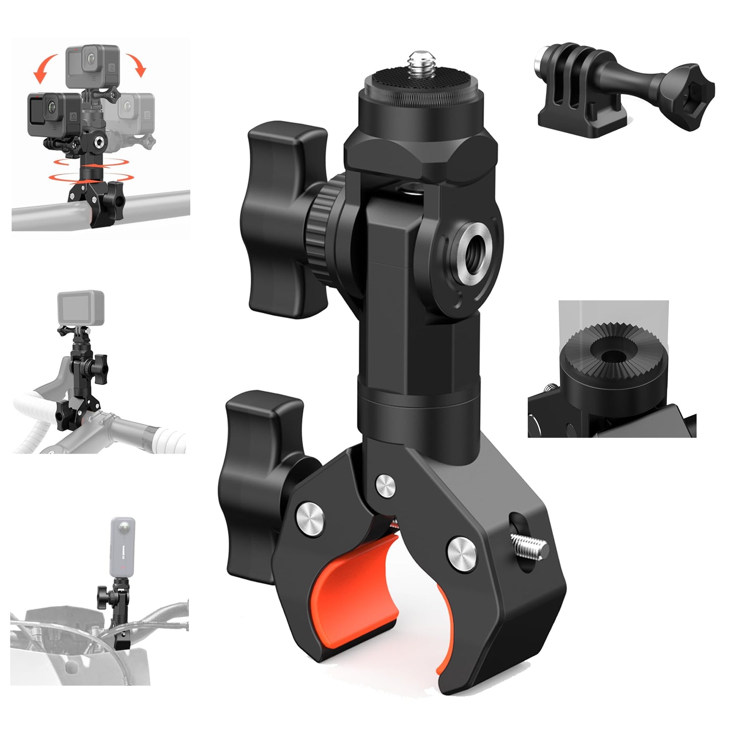 Bike Motorcycle Handlebar Camera Clamp Mount for Gopro Insta360 X5 X4 X3 X2 ONE RS R Mevo Start DJI Action Cameras, Super Clamp Bracket with 1/4"