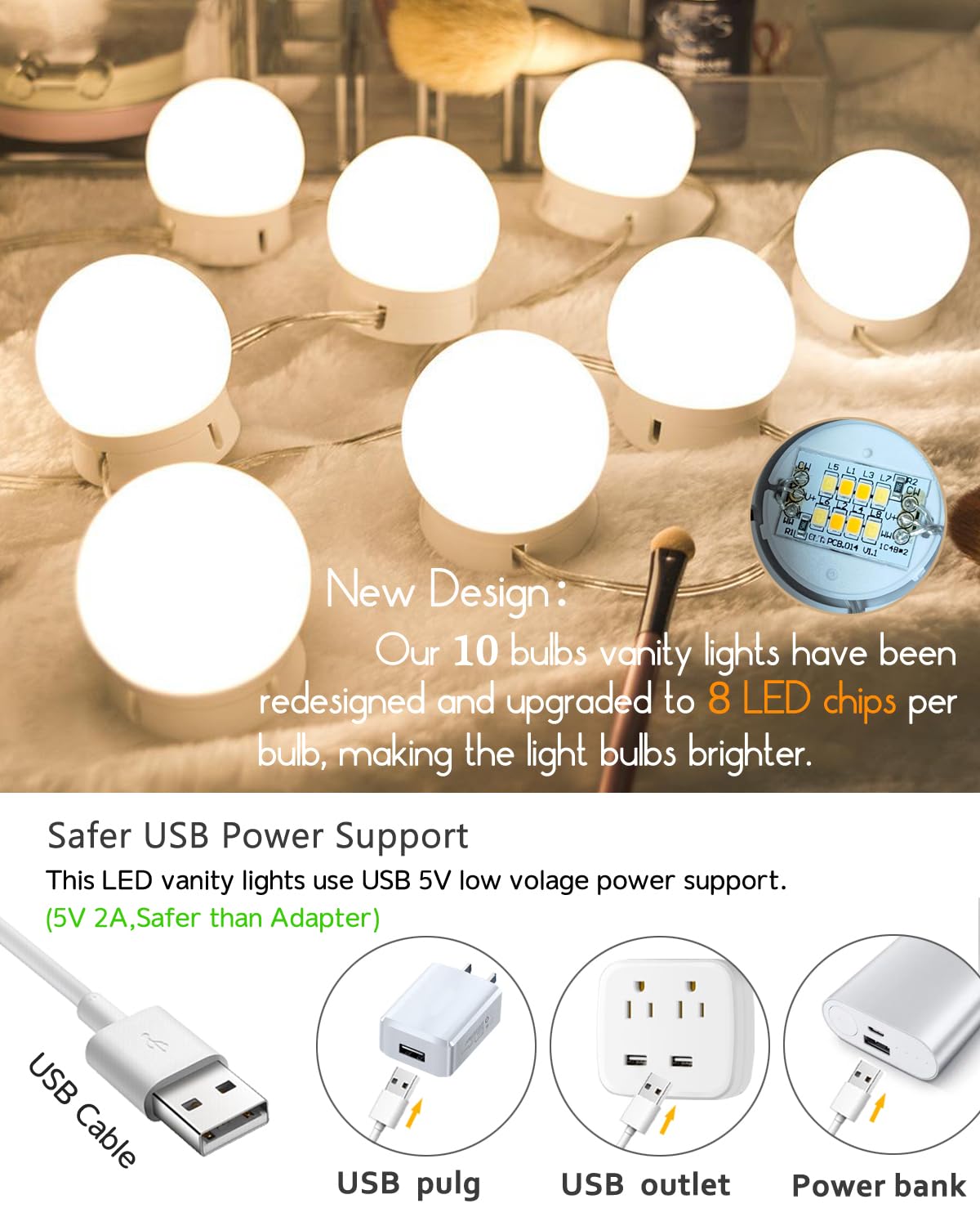 HELOIE Led Vanity Mirror Lights,Vanity Lights for Makeup Dressing Mirror Lighting,10 Dimmable Bulbs,Adjustable Light Color & Brightness,USB