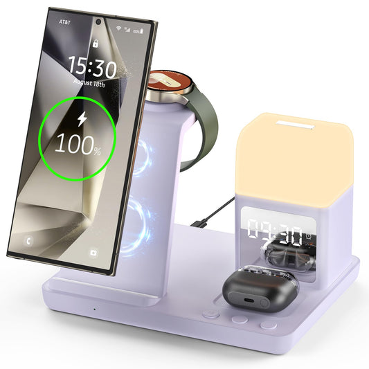 Alarm Clock Charging Station for Bedrooms, Wireless Watch Charger for Samsung Watch 8/7/6, Wireless Charging Station with Night Light Bedside Clock
