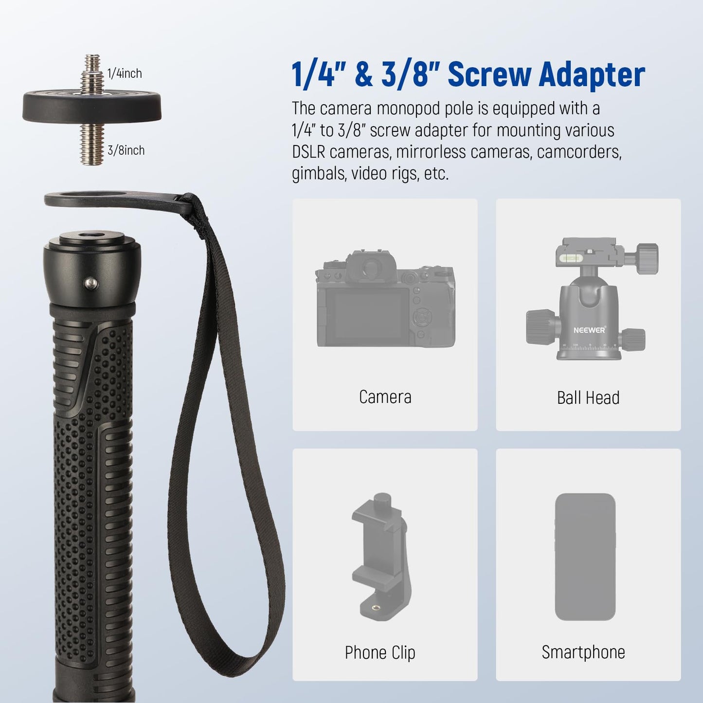 NEEWER 66.5" Camera Monopod Stand, Lightweight Aluminum Travel Selfie Stick for DSLR Camcorder Photography & Video Recording, 1/4" & 3/8" Screw