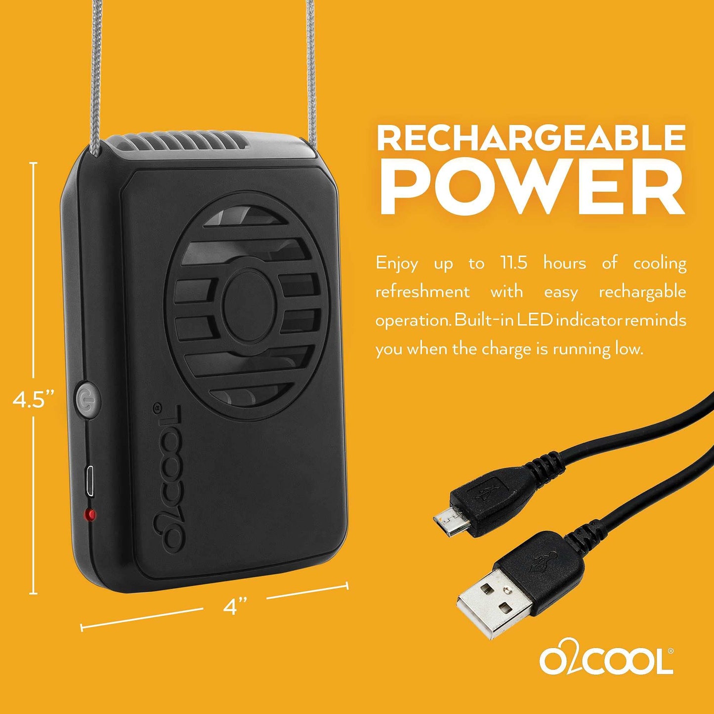 O2COOL Personal Rechargeable Neck Wearable Lanyard Fan Dark Black