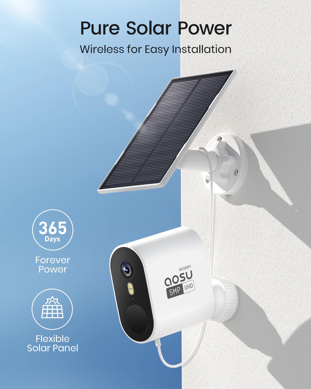 aosu 3K/5MP Security Cameras Outdoor Wireless Home Surveillance System, Solar Powered, 166° Ultra-Wide-Angle, HD Color Night Vision, Spotlight & Siren