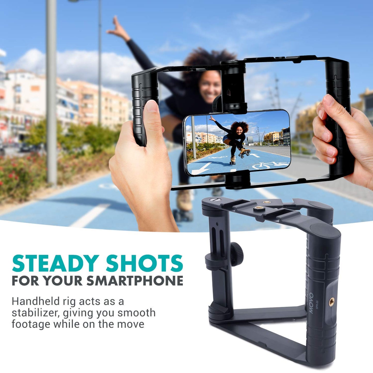 Movo SPR-20 Foldable Smartphone Video Rig Cage with Cold Shoe Mounts for Microphone or LED Light - Vlogging Mount Compatible with iPhone, Android