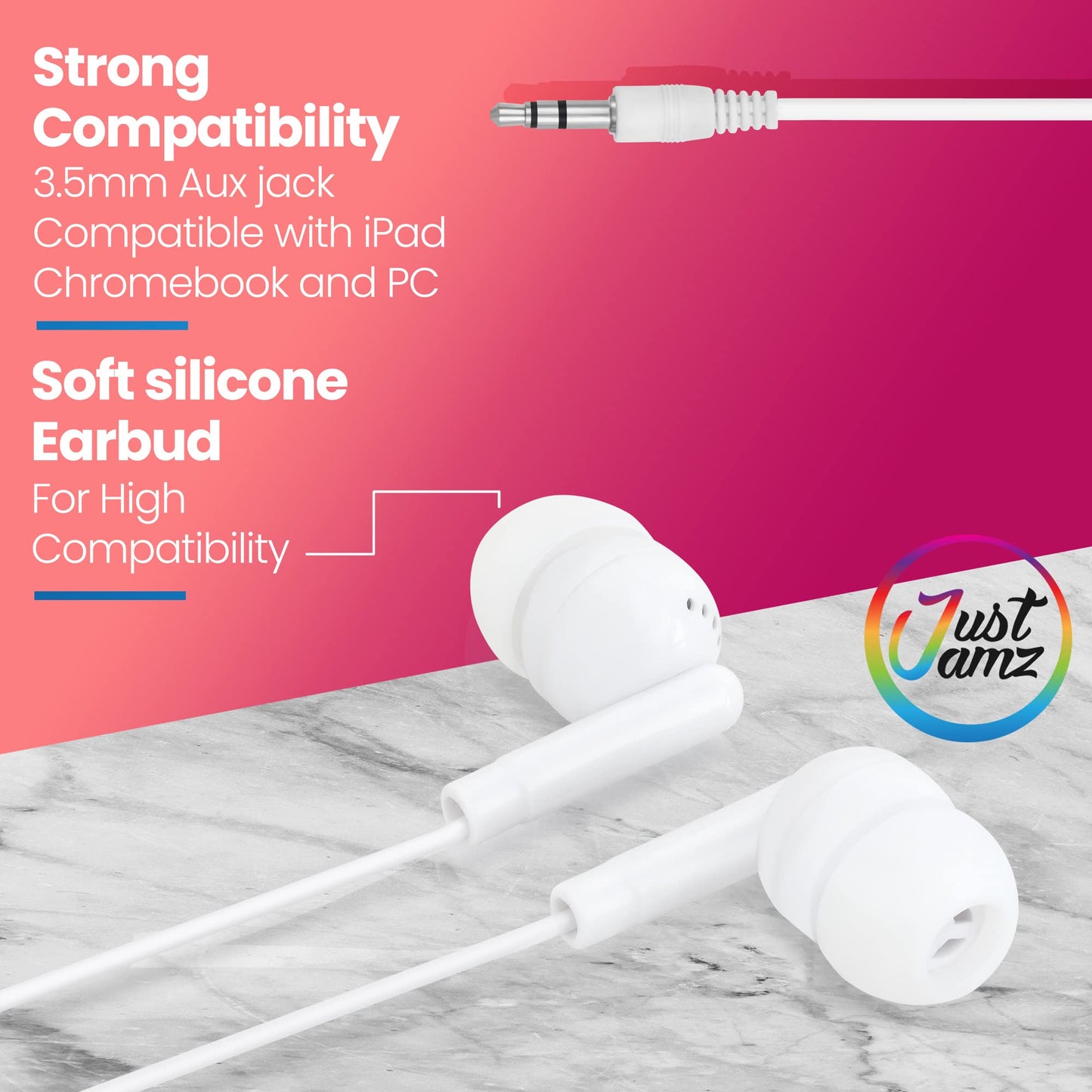 JustJamz Pearl White Bulk Earbuds 30 Pack - Wired Earphones 3.5mm Jack | Disposable Headphones for Classroom, Kids, Home & Family | Ear Buds Bulk