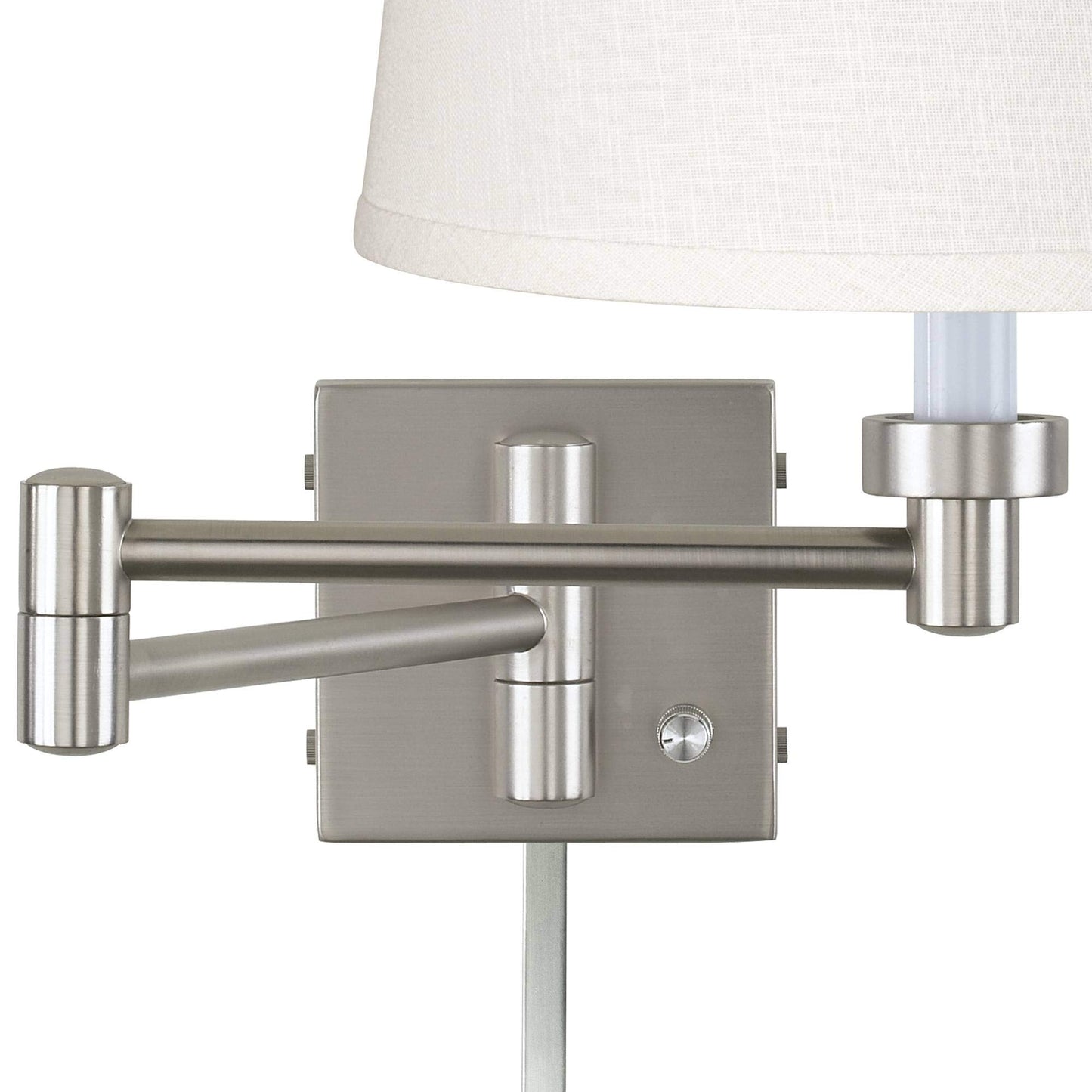Possini Euro Design Modern Swing Arm Wall Lamp with Cord Cover Brushed Nickel Plug-in Light Fixture White Linen Tapered Drum Shade for Bedroom Bedside