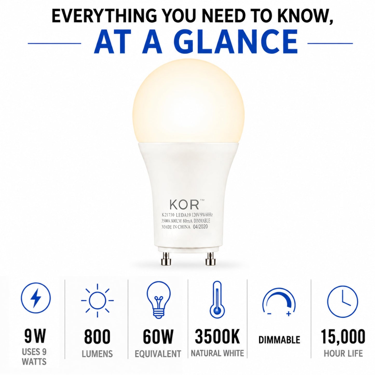 KOR GU24 A19 LED Light Bulbs, 3500K Natural White, Dimmable, 9W, 4-Pack