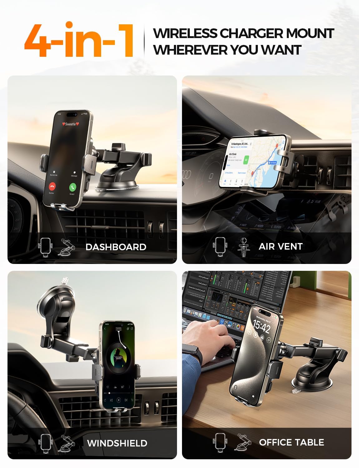 CHGeek Wireless Car Charger Phone Holder Mount, 15W Fast Charging Auto Clamping Phone Holders for Your Car Dashboard Windshield Air Vent Car
