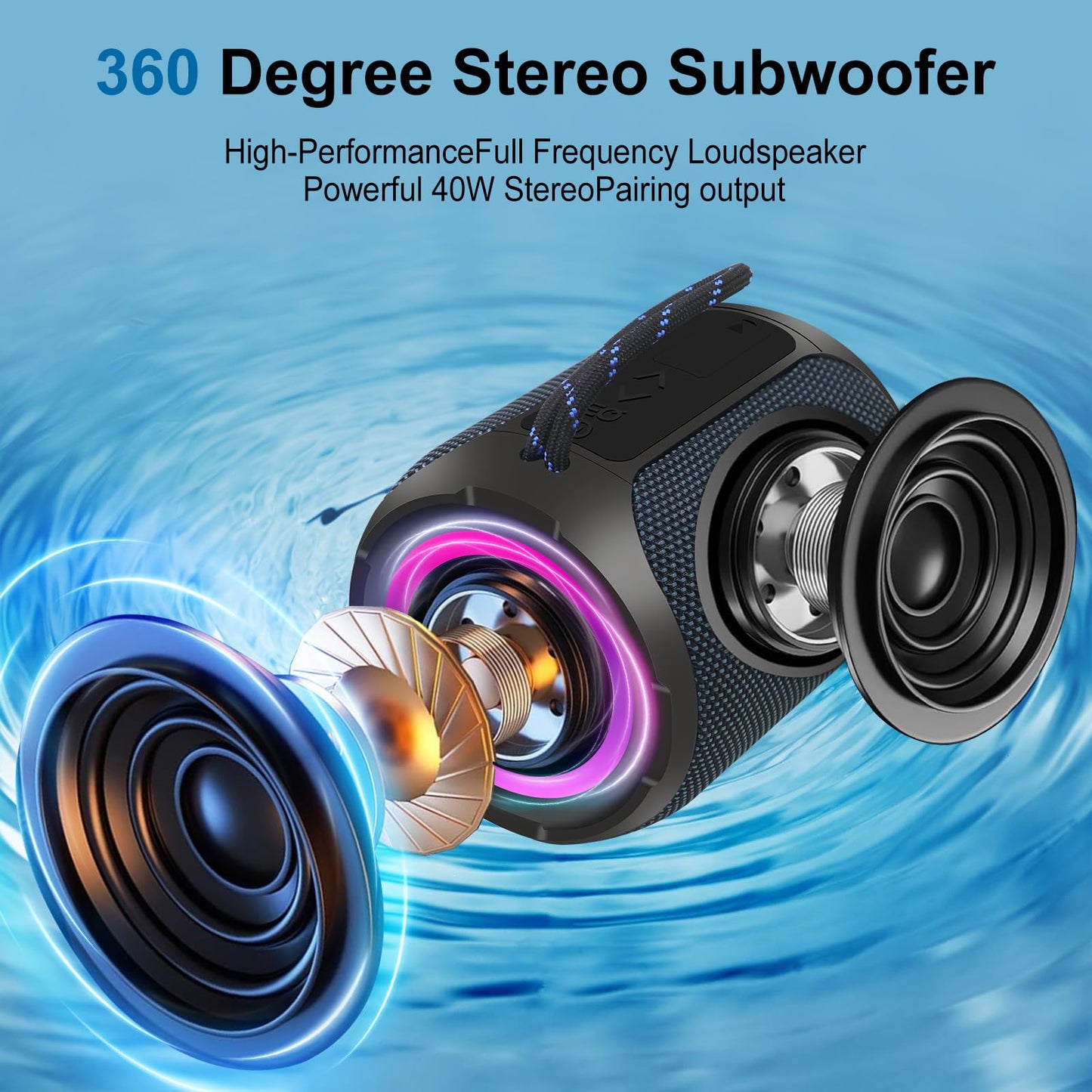 YOUXIU 40W Portable Bluetooth Speaker with Lights IPX7 Waterproof Wireless Speaker TF Double Pairing 24H Playtime,360 Degree Stereo Subwoofer Support