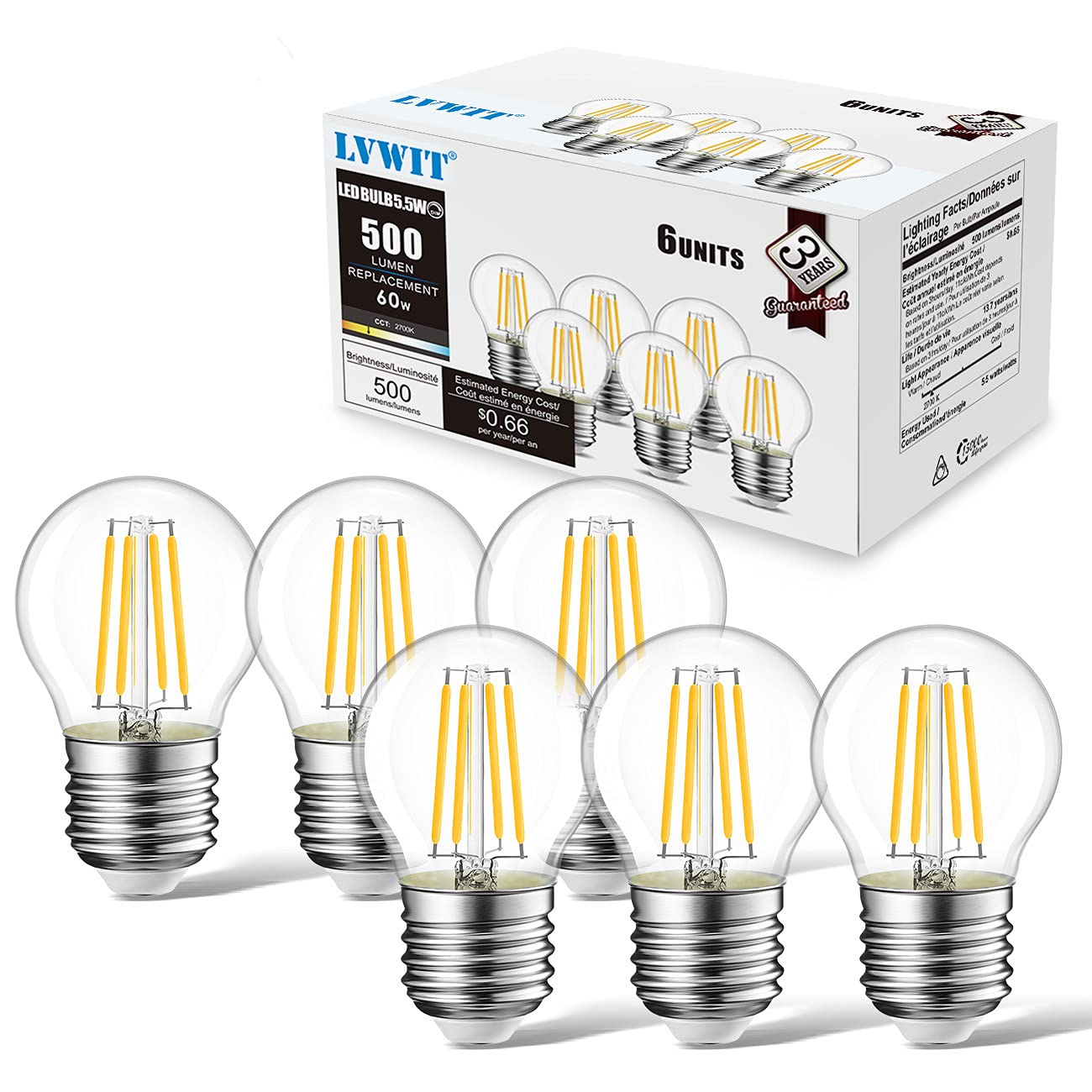 LVWIT G14 LED Filament Globe Bulb Dimmable, 5.5W Eqv 60W 2700K Warm White