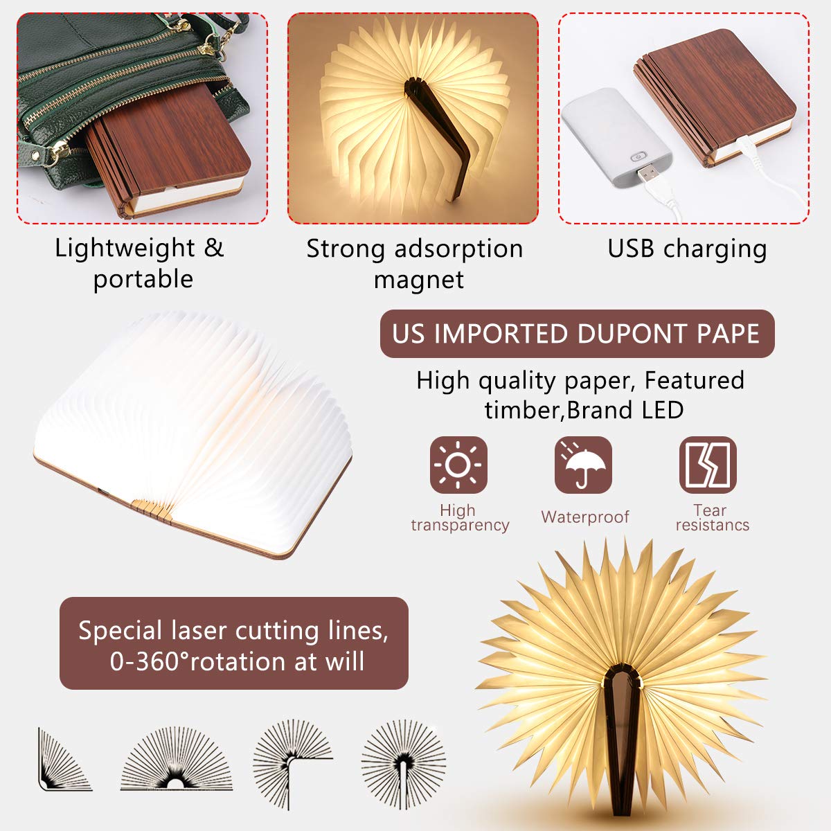 XIUDI 8 Colors Mini Folding Book Lamp,Portable Wooden Book Lights,Desk Light,Novelty LED Paper Lantern with USB Rechargeable Night Light,Unique Gifts