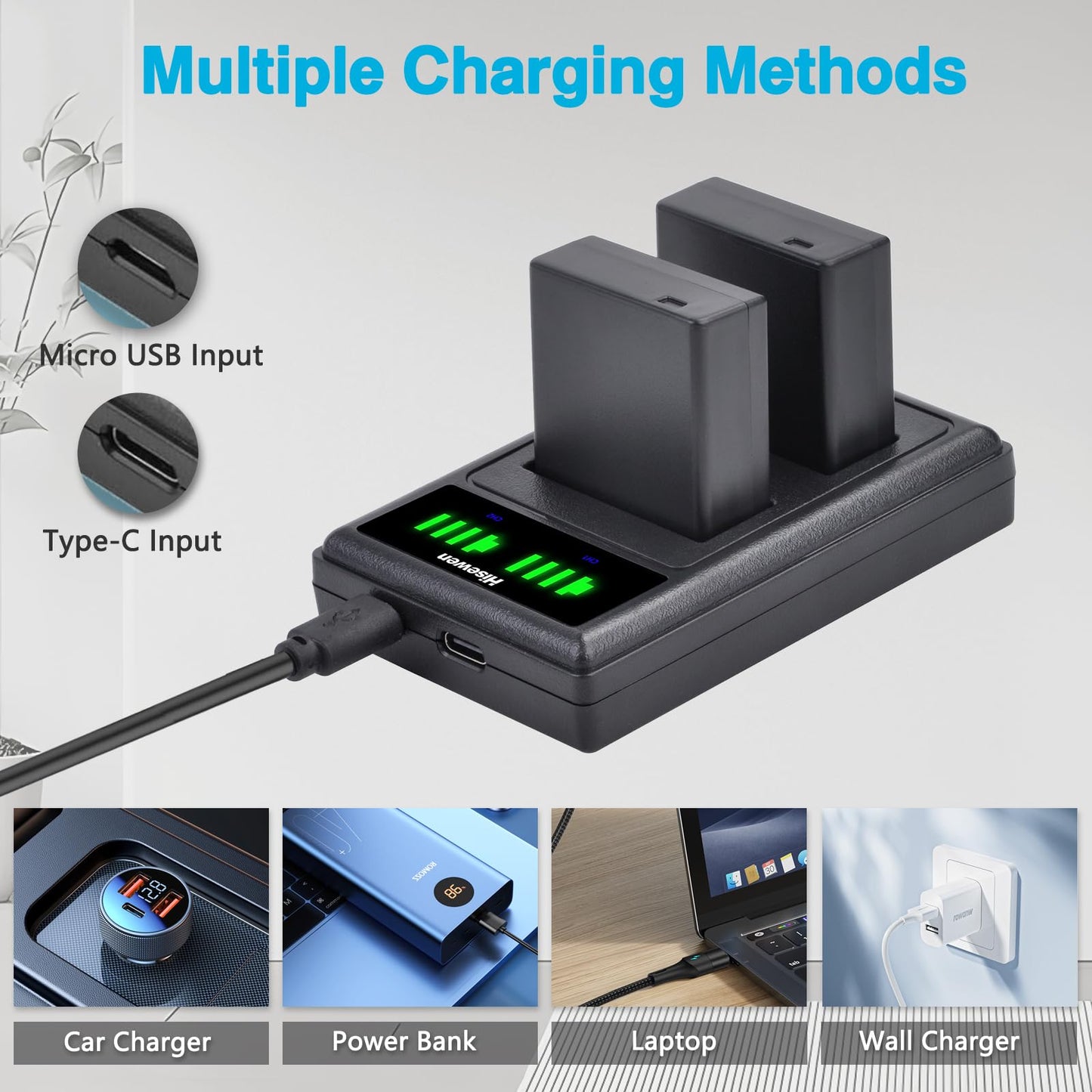 Hisewen DMW-BLG10 DMW-BLG10PP DMW-BLE9 Battery 2 Pcs, Dual Charger for Panasonic Lumix DMC-GX85 DMC-GX80 DMC-ZS60 DMC-ZS100 DMC-GF3 DMC-GF5 DMC-GF6