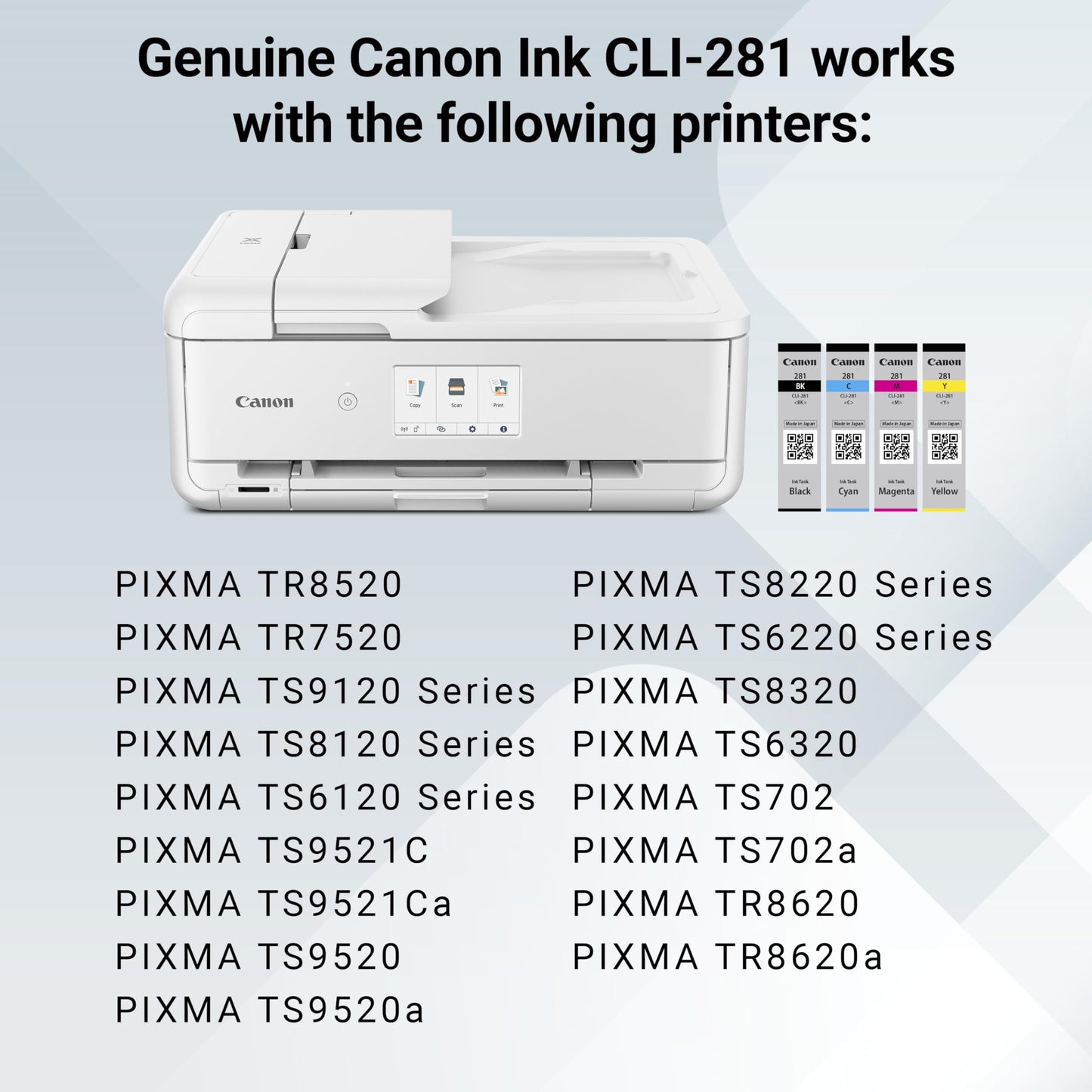 Canon CLI-281 Black, Cyan, Magenta and Yellow 4 Ink Pack, Compatible to TR8520, TR8620 Series, TS9120, and TS6210 Printers