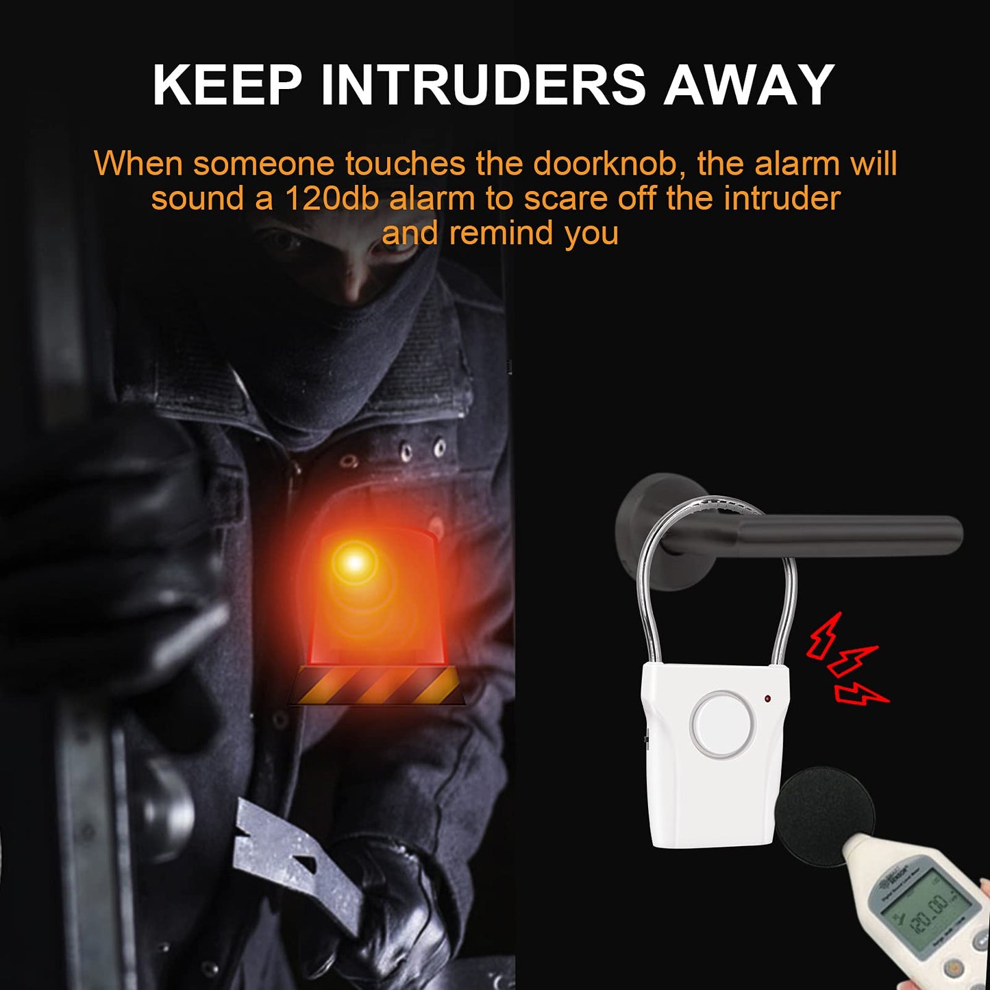 JIAN BOLAND Door Handle Alarm - Vibration-Activated Security Alert with 120DB Audible Alarm, Effective up to 500FT - Ideal for Travel, Hotels