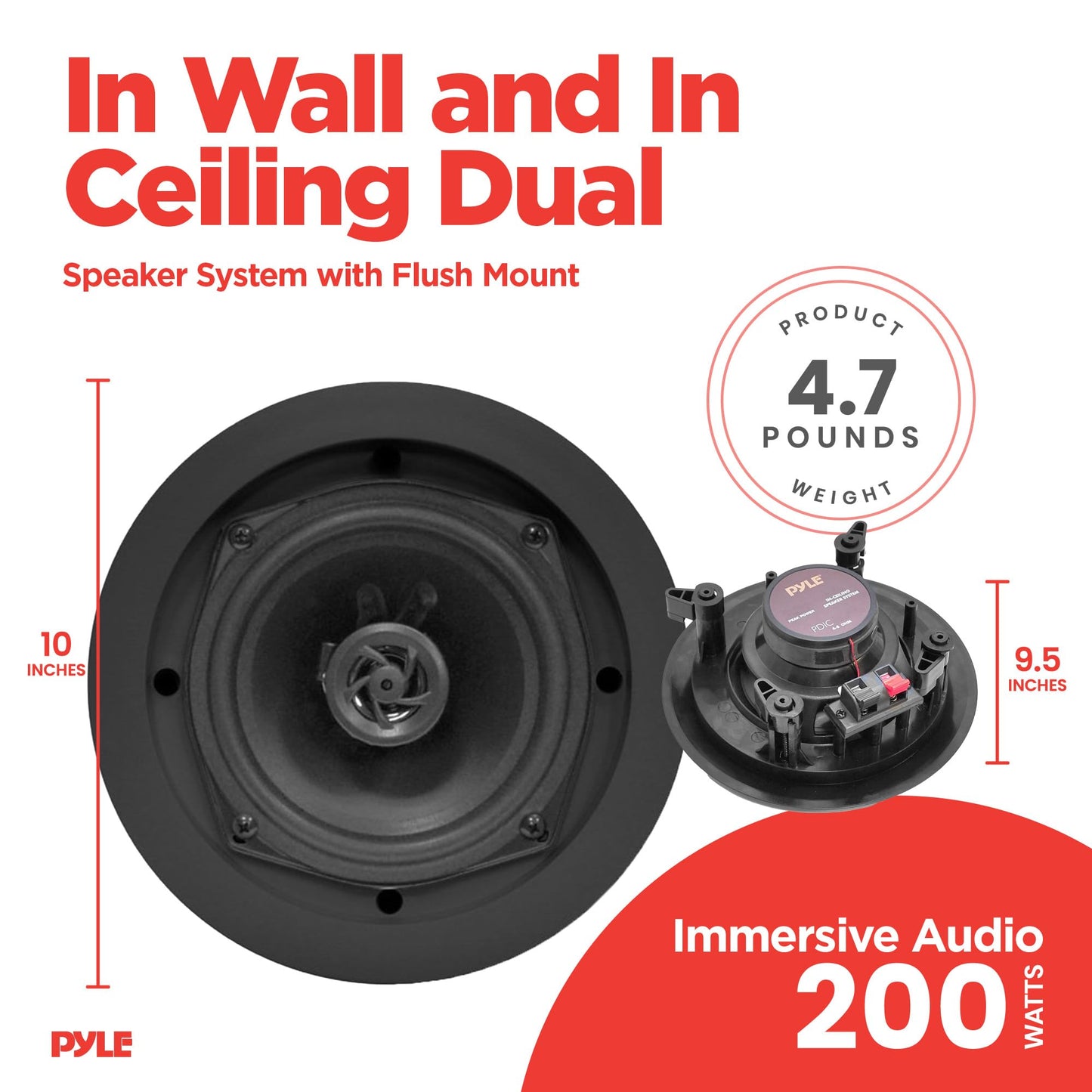 PYLE PDIC61RDBK In-Wall/In-Ceiling Dual 6.5" Speaker System, 2-Way, Flush Mount, Black (Pair)