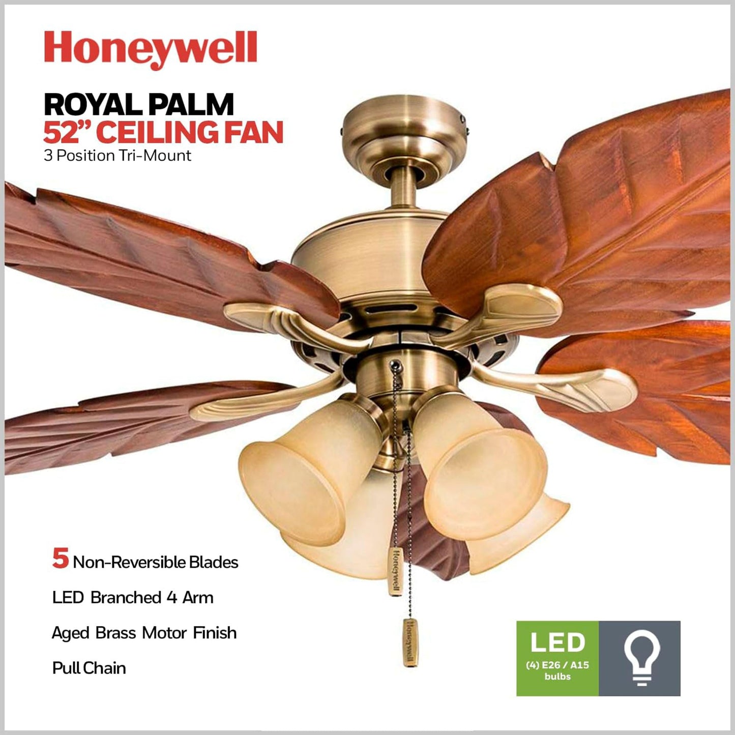 Honeywell Royal Palm 52 Inch Tropical LED Ceiling Fan, Aged Brass