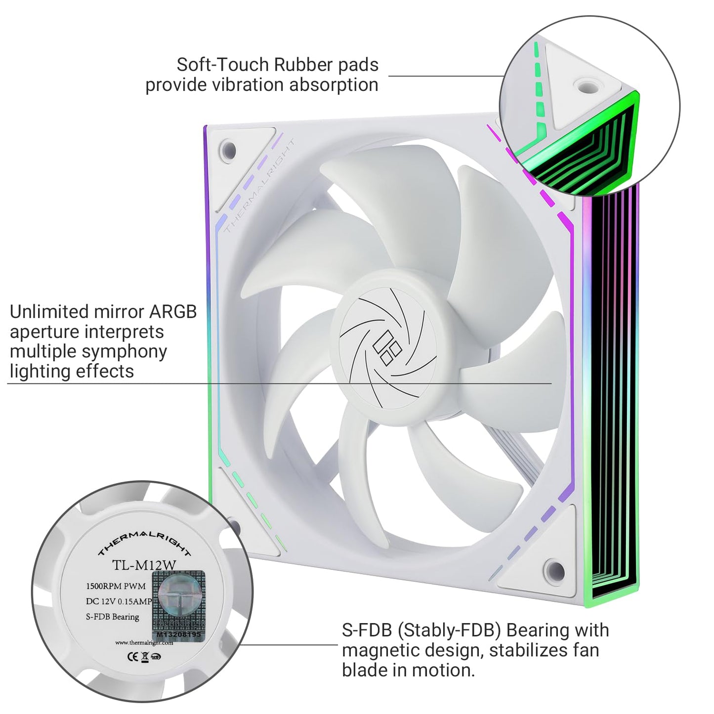 Thermalright TL-M12W CPU Fan 120mm Case Cooler Fan ARGB, 4pin PWM Connector Silent Computer Fan with S-FDB Bearing,Desktop Cooling Fan has Side ARGB