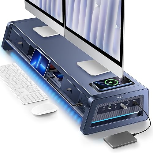 Vaydeer All-in-One Dual Monitor Stand Riser with 2 Drawers, 8USB Ports and Wireless Charging Pad with LED Light Strip for 2 Monitors , Desk Organizer