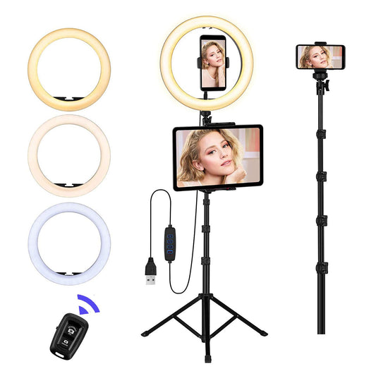 Ring Light with Stand and Phone Holder, 10'' LED Selfie Ring Light with Tripod (17''-73'') Bluetooth Remote for iPad/Tablet/Video Recording/Live