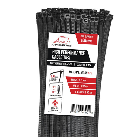 11-inch Black Zip Ties Heavy Duty UV Resistant Nylon Cable Ties, 50lb Tensile Strength, 100-Pack - Durable Wire Ties, Heavy Duty Tie Straps Indoor