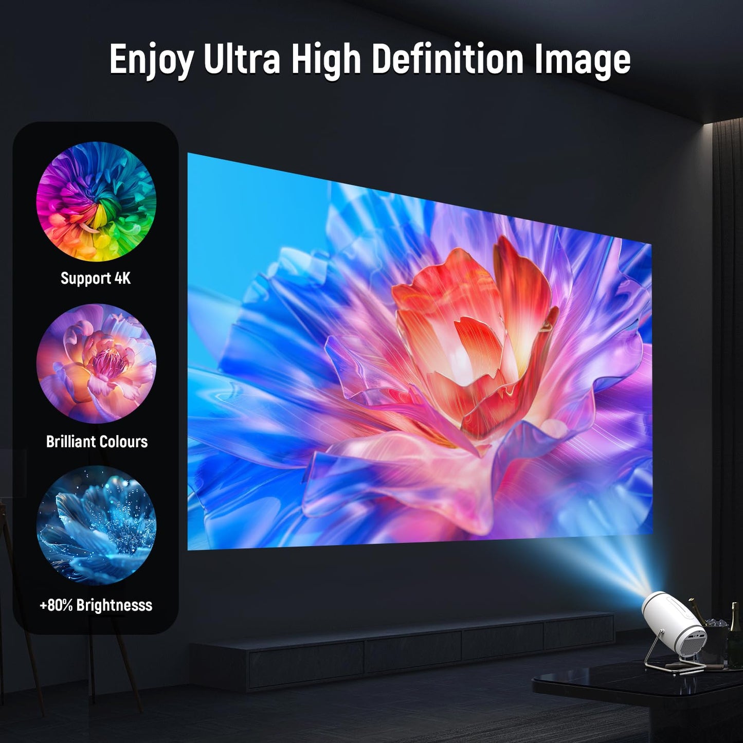 Mini Projector, Projector with WiFi and Bluetooth, 4K 1080P Support Portable Projector 180° Rotatable 130'' Screen Movie Projector Auto Keystone