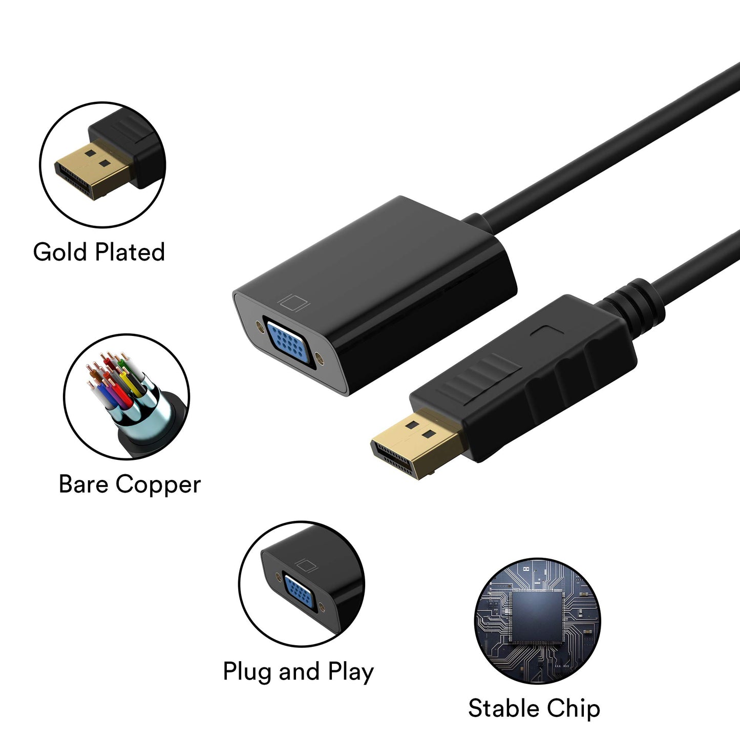 Cableader Adapter, DisplayPort (DP) to VGA Male to Female Converter (Black)