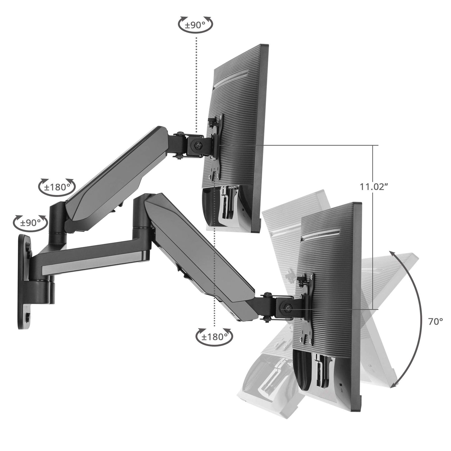 SIIG Dual Arm Monitor Wall Mount for 17" to 32" Screens, Up to 17.6lbs per Monitor, Heavy Duty Aluminum Gas Spring with Rotation, Tilt, Swivel, VESA