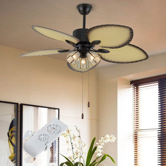 DYRABREST 52" Palm Island Ceiling Fan,3 Speed Tropical Ceiling Fan with Remote Control,5 Reversible Wood Blade,3 Crystals Lampshade (Type 1)