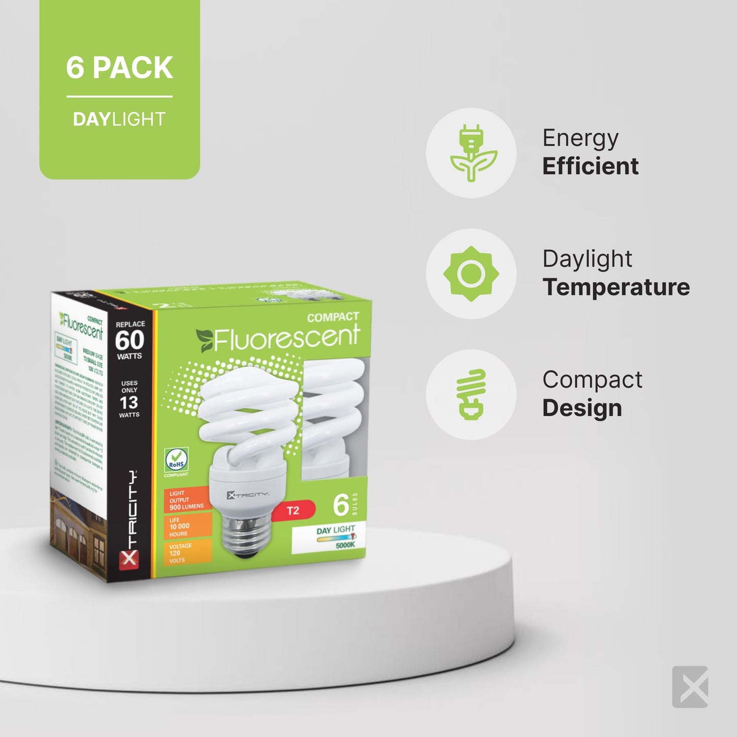 Xtricity Compact Fluorescent Light Bulbs T2 Spiral, E26 Base (6 Pack)