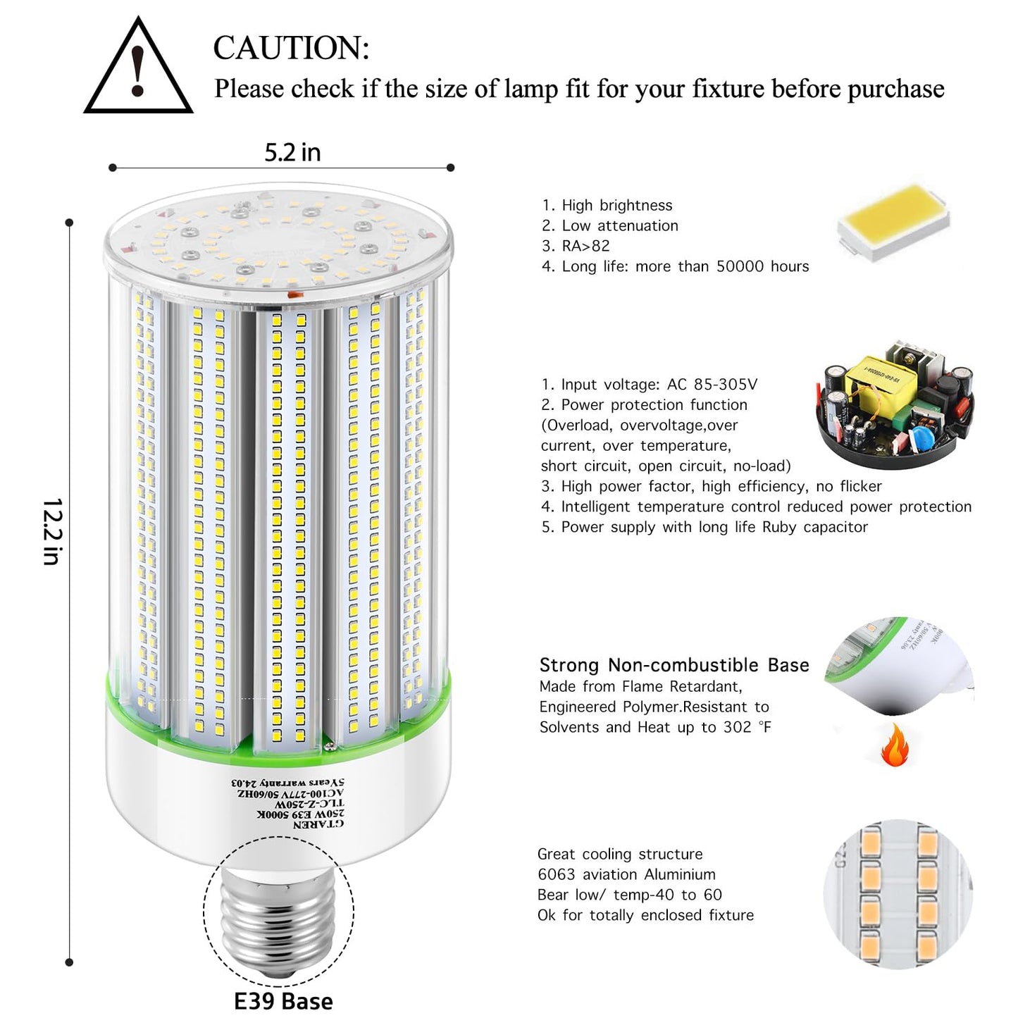 250W LED Corn Light Bulb,1000w Metal Halide Replacement,5000K E39 Mogul Base LED Bulb,Retrofit HPS HID Lamp for Commercial Industrial High Bay light