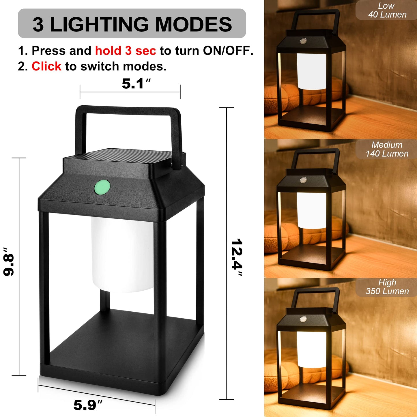BRIMMEL Solar Outdoor Lantern Aluminum LED Portable Rechargeable Table Lamp 35W 3000K Outdoor Nightstand Lamp IP44 Waterproof Cordless Touch Control