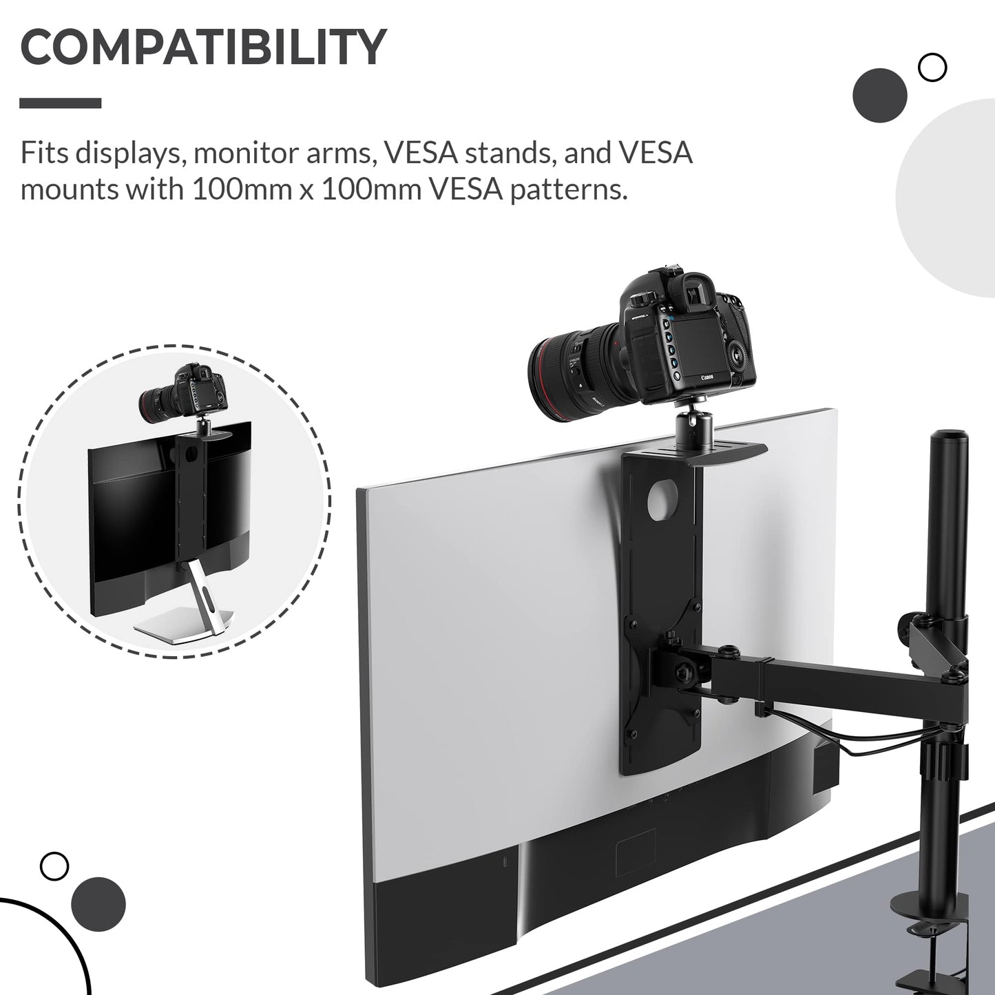 HumanCentric DSLR Monitor Mount Small, Desk Camera Mounting, Light Webcam, Microphone Shelf for Monitor VESA Arm, Replace Clamp Tripods, 100x100mm