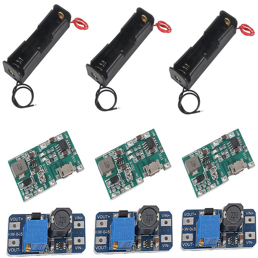 3PCS 18650 Lithium Li-ion Battery Charger Module with 1-Slot 18650 Battery Holder and MT3608 DC-DC Adjustable Boost Module 2A