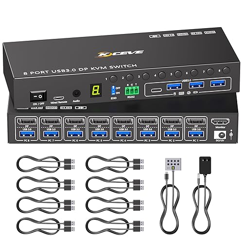 8 Port KVM Switch Displayport 4K@60Hz EDID Simulation, USB 3.0 DP KVM Switch for 8 Computers Share 1 Monitor and 4 USB Devices, KVM Switches