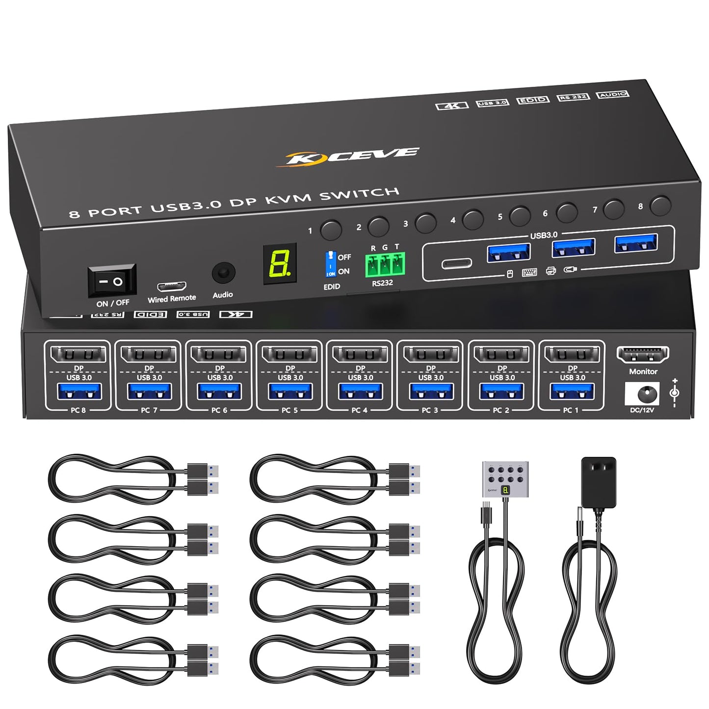 8 Port KVM Switch Displayport 4K@60Hz EDID Simulation, USB 3.0 DP KVM Switch for 8 Computers Share 1 Monitor and 4 USB Devices, KVM Switches