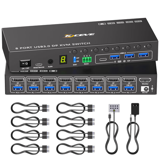 8 Port KVM Switch Displayport 4K@60Hz EDID Simulation, USB 3.0 DP KVM Switch for 8 Computers Share 1 Monitor and 4 USB Devices, KVM Switches