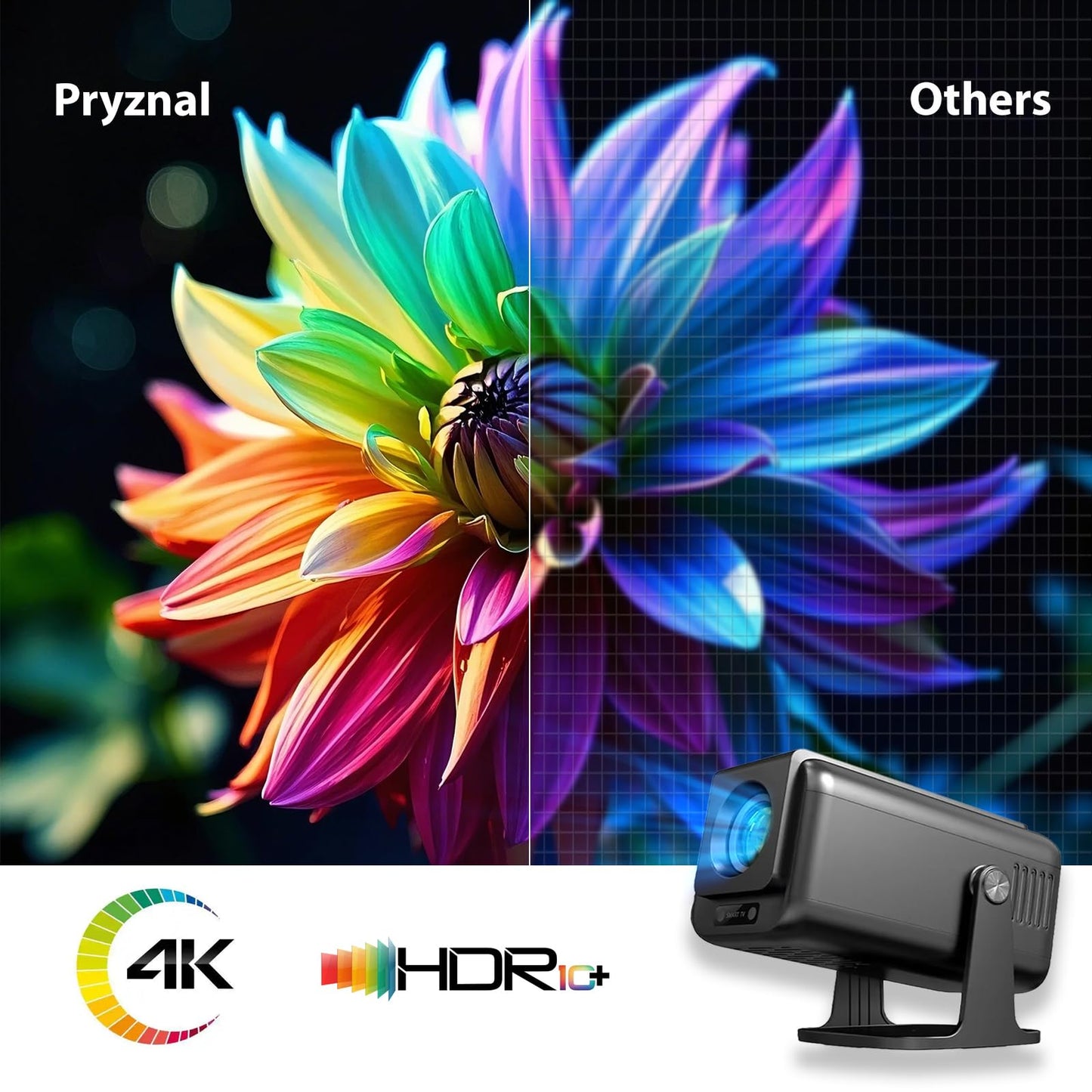 Pryznal Smart WiFi Projector 4K 1080P Home Theater, 450 ANSI, Auto Keystone, 270° Rotation, Built-in Apps and Speaker, Bluetooth Projector